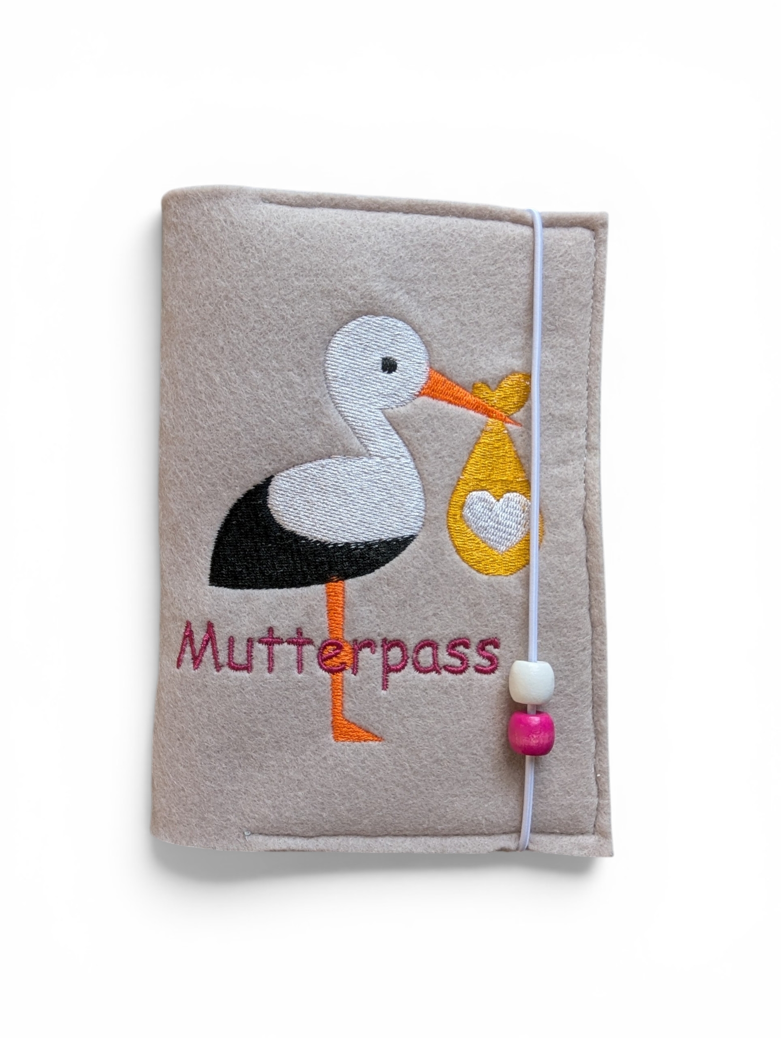 Liebevolle Mutterpasshülle in Hellbeige mit Storch-Motiv